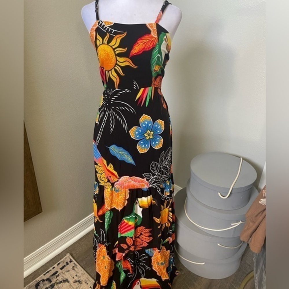 Black Floral Tropical Maxi Dress with Bright Print